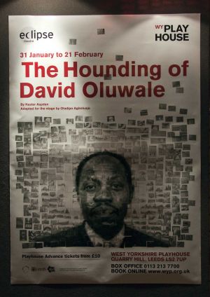 The image for the world premiere production of The Hounding of David Oluwale is a photo-mosaic of David�s face, made up of smaller pictures of Leeds locations, many of which David knew well during his time in Leeds. It�s now on a banner at the side of West Yorkshire Playhouse, a co-producer of the play with Eclipse Theatre, and so faces the police building and what remains of the original cells in which he was regularly held.